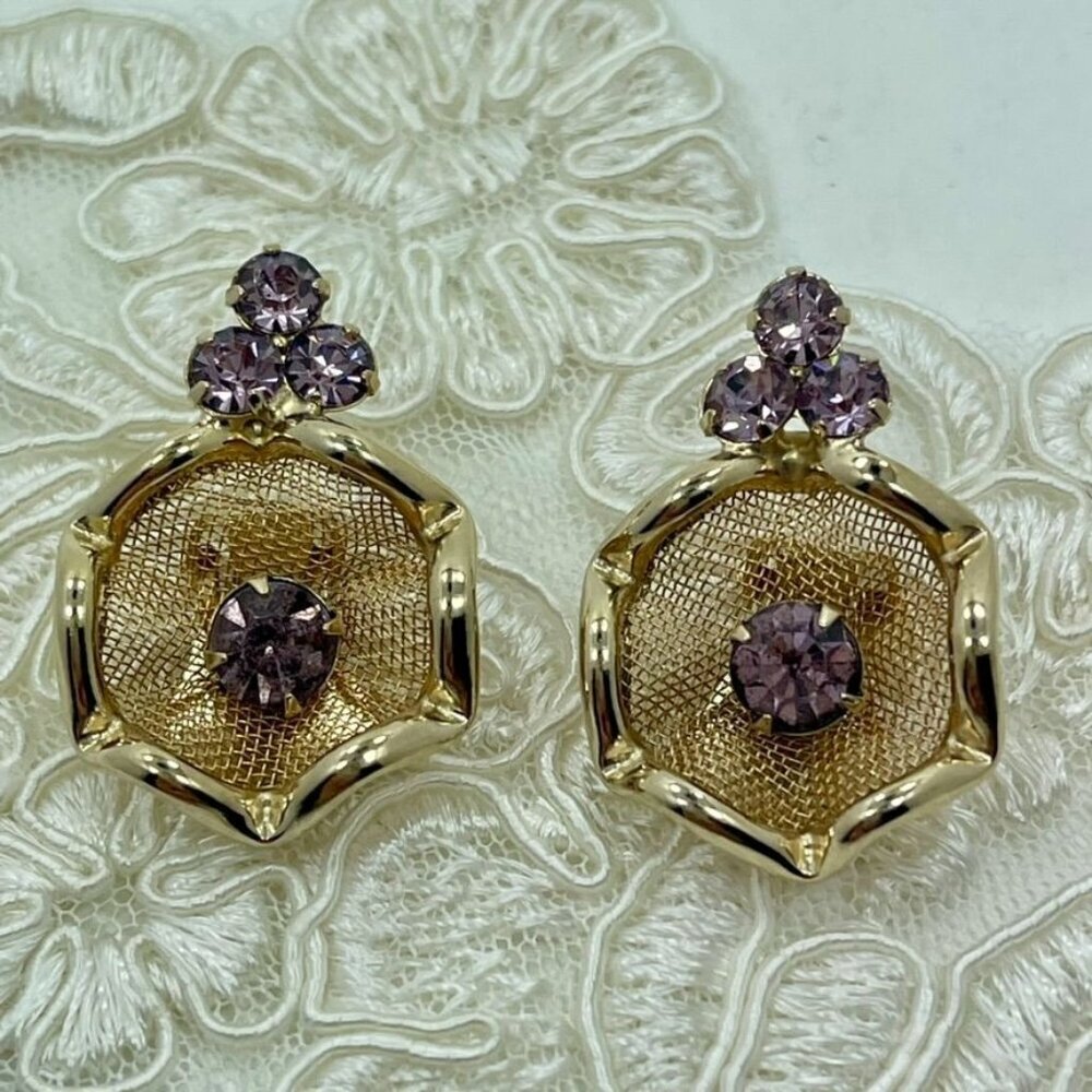 Floral Gold-Tone Mesh Clip-On Earrings with Purple Rhinestones - Mid-Century